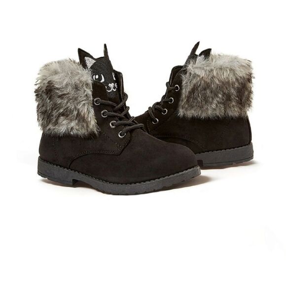 Fabkids Cat Face Black Bootie Gray Faux Fur Trim Memory Foam Moto Youth 6 New